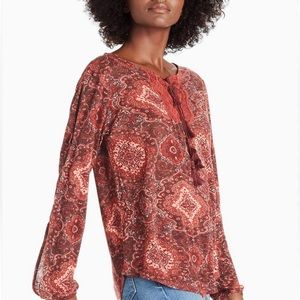 Lucky Brand Printed Lace Peasant brown cut out long sleeves top S